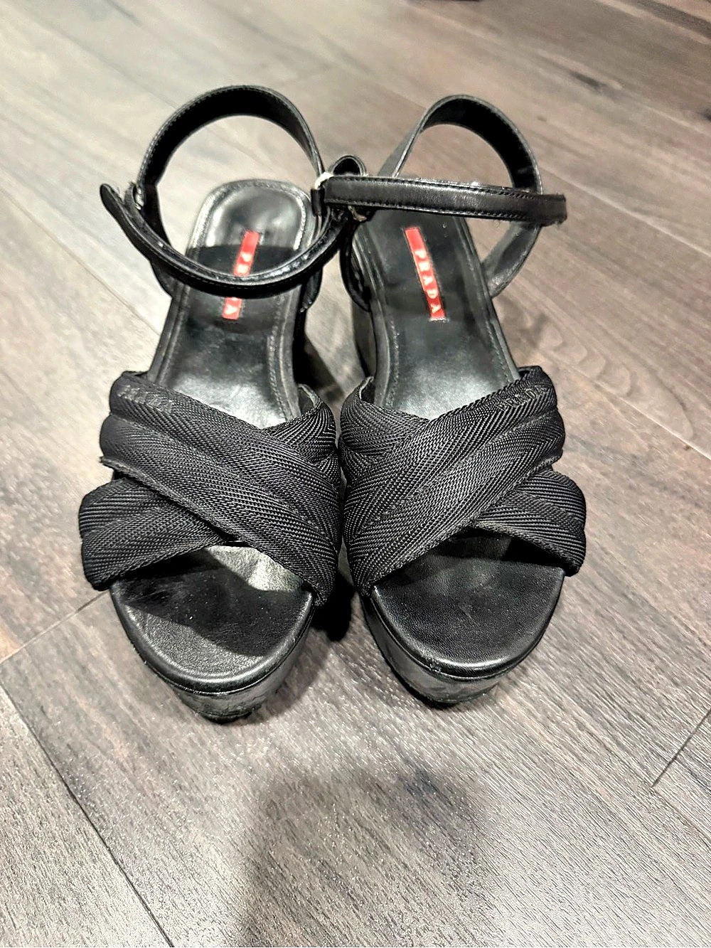 Prada Black Fabric Cross-Strap Wedge Platform Sandals